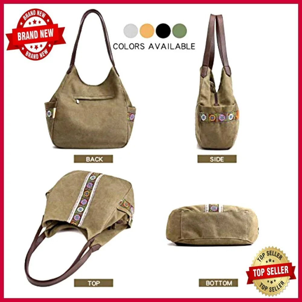 Canvas Hobo Tote Purse with Embroidery Multi Pocket Large Shoulder Bag